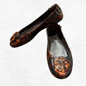 Tory Burch Minnie Travel Ballet in Tortoise Print Patent Leather Size 8.5